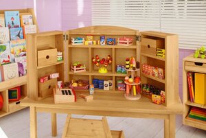 BioKinder - Das gesunde Kinderzimmer Kaufladen »Robin«, Tischkaufladen / Kasperletheater mit drei kleinen Aufbewahrungsboxen, Erle