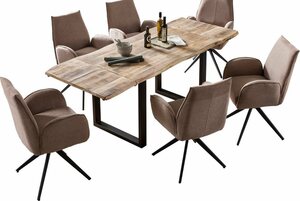 SAM® Essgruppe »Jasov«, (mit 6x Schalenstuhl Mima), Mangoholz naturfarben 26mm natürliche Baumkante - erweiterbar mit Ansteckplatten