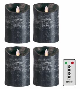 SOMPEX LED-Kerze »4er Set Flame LED Kerzen anthrazit 12,5cm« (Set, 5-tlg., 4 Kerzen, Höhe 12,5cm, Durchmesser 8cm, 1 Fernbedienung), fernbedienbar, integrierter Timer, Echtwachs, täuschend echtes