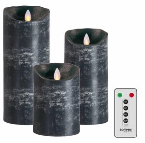 SOMPEX LED-Kerze »3er Set Flame LED Kerzen anthrazit 12,5/18/23cm« (Set, 4-tlg., 3 Kerzen, Höhe 12,5/18/23cm (je 8cm Durchmesser), 1 Fernbedienung), fernbedienbar, integrierter Timer, Echtwachs, t