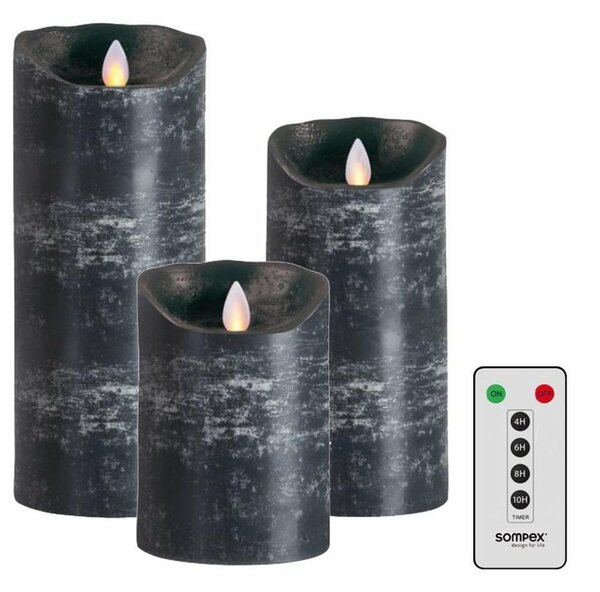 Bild 1 von SOMPEX LED-Kerze »3er Set Flame LED Kerzen anthrazit 12,5/18/23cm« (Set, 4-tlg., 3 Kerzen, Höhe 12,5/18/23cm (je 8cm Durchmesser), 1 Fernbedienung), fernbedienbar, integrierter Timer, Echtwachs, t