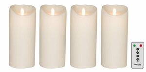 SOMPEX LED-Kerze »4er Set Flame LED Kerzen weiß 18cm« (Set, 5-tlg., 4 Kerzen, Höhe 18cm, Durchmesser 8cm, 1 Fernbedienung), fernbedienbar, integrierter Timer, Echtwachs, täuschend echtes Kerzenl