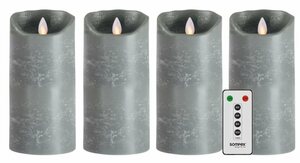 SOMPEX LED-Kerze »4er Set Flame LED Kerzen grau 18cm« (Set, 5-tlg., 4 Kerzen, Höhe 18cm, Durchmesser 8cm, 1 Fernbedienung), fernbedienbar, integrierter Timer, Echtwachs, täuschend echtes Kerzenli