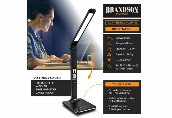 Bild 1 von Brandson Schreibtischlampe, dimmbare LED Schreibtischlampe in Lederoptik Temperatur-, Alarm- & Kalenderfunktion