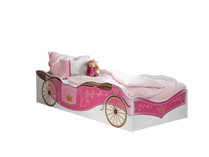 Kindermöbel 24 Bettgestell »Kinderbett Zoe Kutschenmotiv weiß - pink inkl. Matratze« (2-tlg)