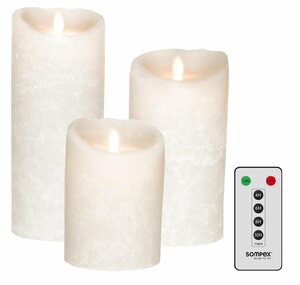 SOMPEX LED-Kerze »3er Set Flame LED Kerzen weiß Frost 12,5/18/23cm« (Set, 4-tlg., 3 Kerzen, Höhe 12,5/18/23cm (je 8cm Durchmesser), 1 Fernbedienung), fernbedienbar, integrierter Timer, Echtwachs,