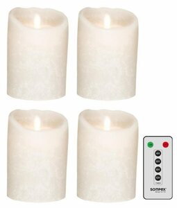 SOMPEX LED-Kerze »4er Set Flame LED Kerzen weiß Frost 12,5cm« (Set, 5-tlg., 4 Kerzen, Höhe 12,5cm, Durchmesser 8cm, 1 Fernbedienung), fernbedienbar, integrierter Timer, Echtwachs, täuschend echt