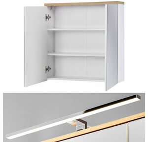 Lomadox Spiegelschrank »LUTON-56« Badezimmer 60cm LED-Beleuchtung weiß mit Wotaneiche, B/H/T ca. 60/70/20 cm