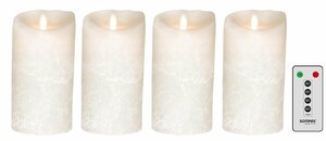 SOMPEX LED-Kerze »4er Set Flame LED Kerzen weiß Frost 18cm« (Set, 5-tlg., 4 Kerzen, Höhe 18cm, Durchmesser 8cm, 1 Fernbedienung), fernbedienbar, integrierter Timer, Echtwachs, täuschend echtes K