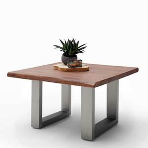 Sofa Baumkanten Tisch in Walnussfarben Akazie Massivholz und Edelstahl