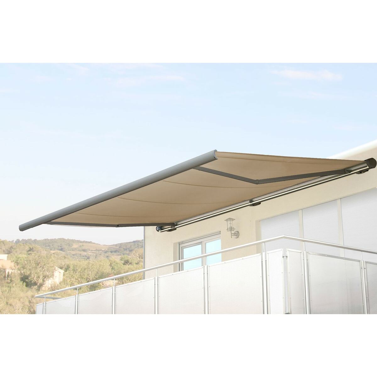 Bild 1 von Elektrische Kassettenmarkise H124, Markise Vollkassette 5x3m ~ Polyester Creme, Rahmen grau