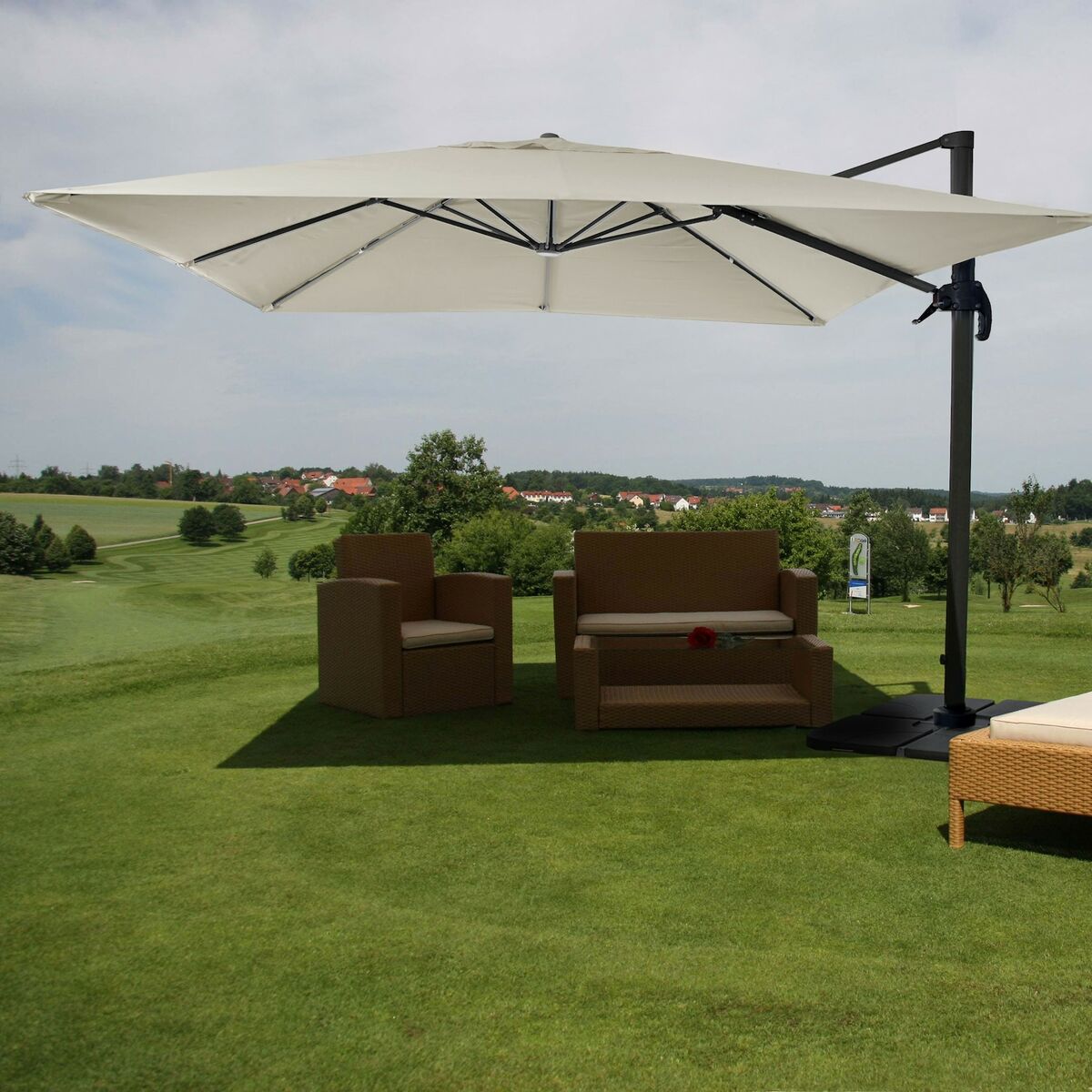 Bild 1 von Gastronomie-Ampelschirm MCW-A96, 3x4m (Ø5m) Polyester Alu/Stahl 26kg ~ creme-grau mit Ständer