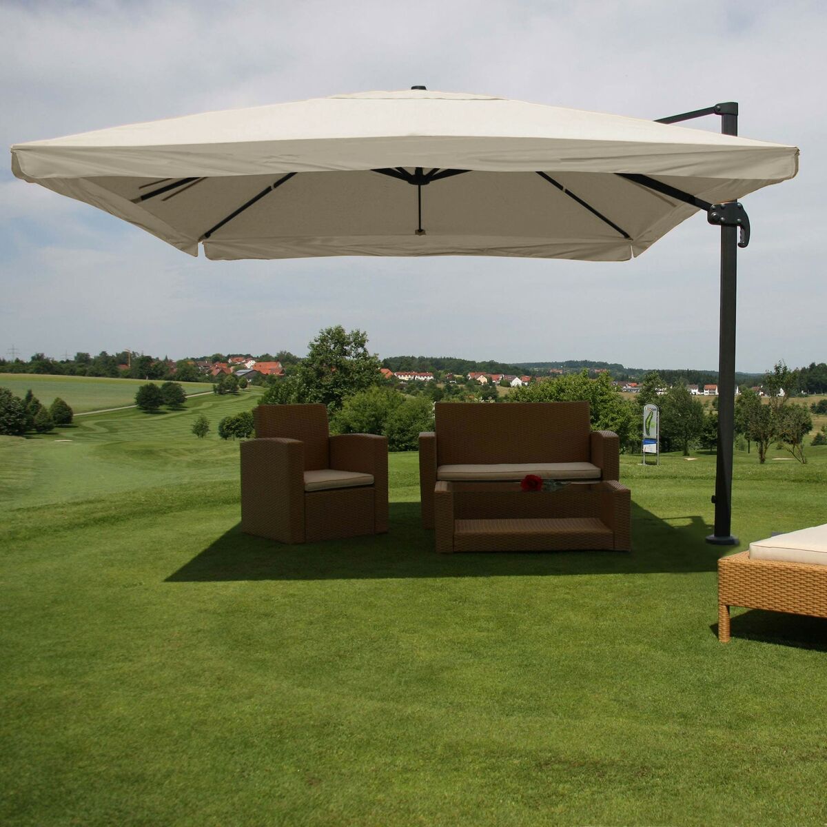 Bild 1 von Gastronomie-Ampelschirm MCW-A96, Sonnenschirm, 3x4m (Ø5m) Polyester/Alu 26kg ~ Flap, creme-grau ohne Ständer, drehbar