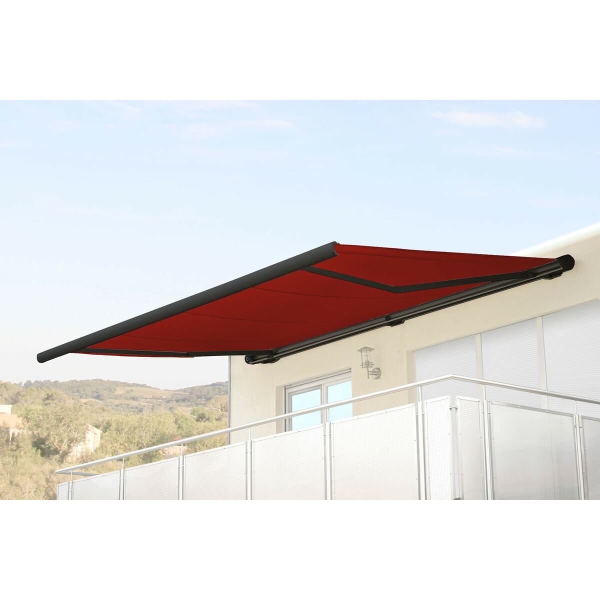 Bild 1 von Elektrische Kassettenmarkise H124, Markise Vollkassette 5x3m ~ Acryl bordeaux-rot, Rahmen anthrazit