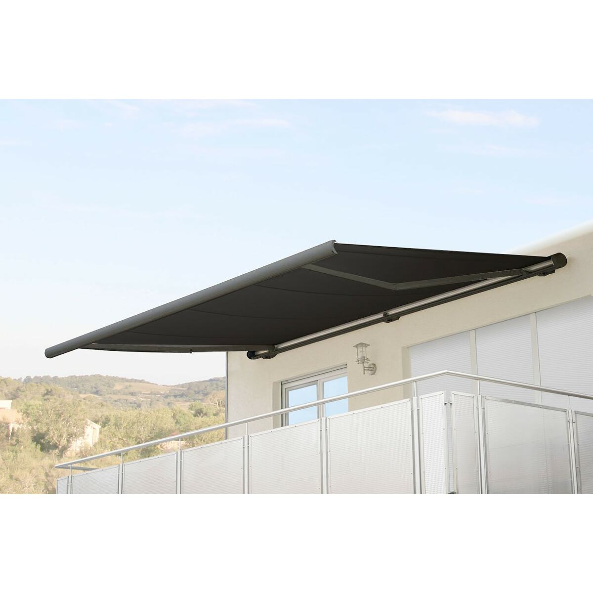 Bild 1 von Elektrische Kassettenmarkise H124, Markise Vollkassette 5x3m ~ Polyester anthrazit, Rahmen grau