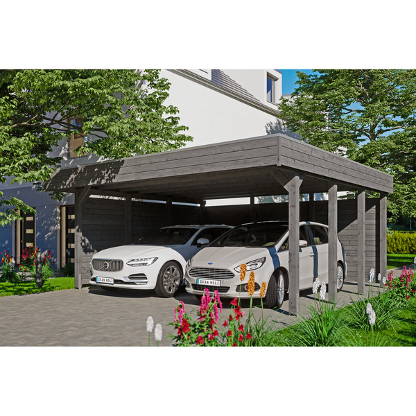 Bild 1 von SKAN HOLZ Doppelcarport 'Friesland Set 3' mit Aluminiumdach, Seiten- und Rückwand 557 x 555 cm schiefergrau