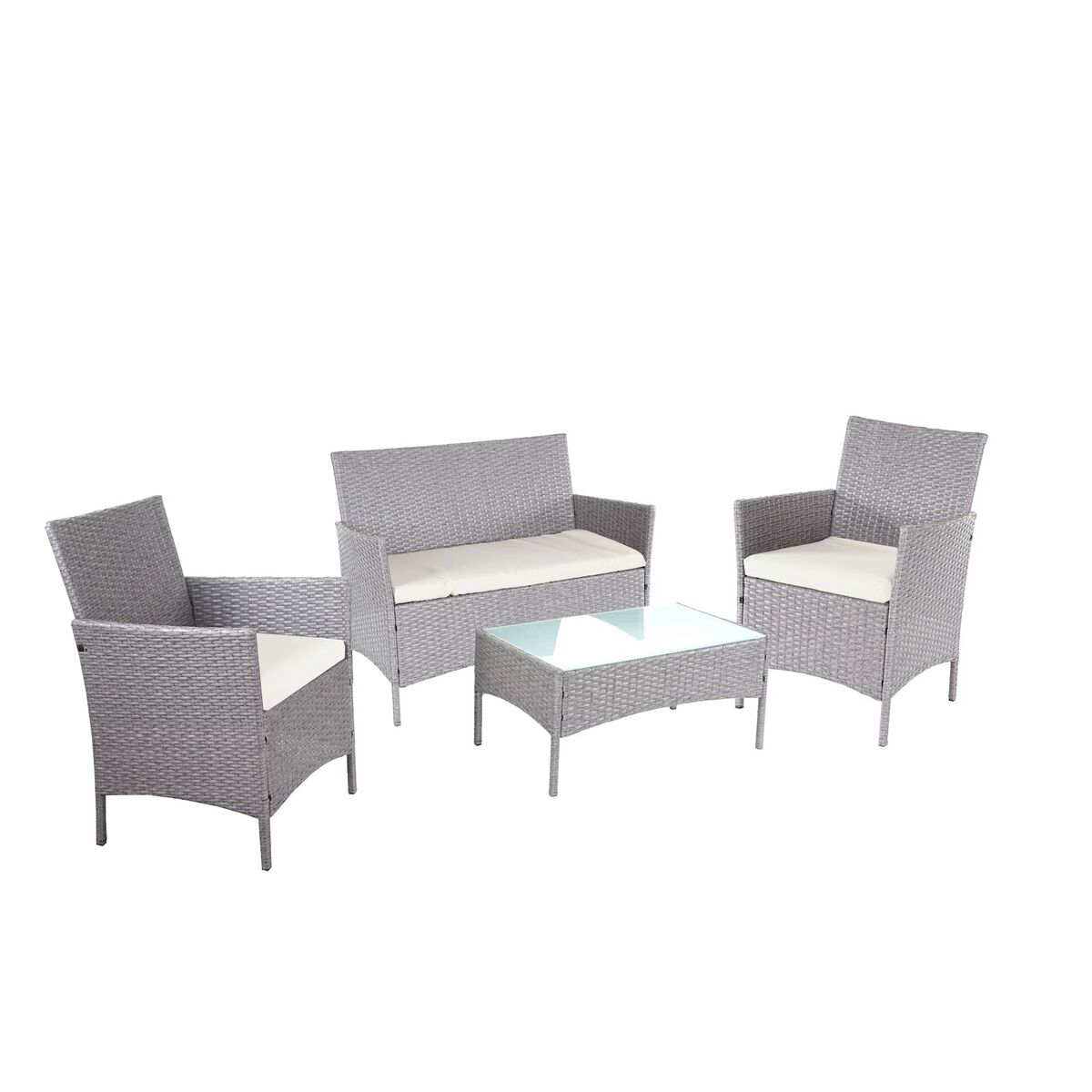 Bild 1 von 2-1-1 Poly-Rattan Garten-Garnitur Hamar, Sitzgruppe Lounge-Set Sofa ~ grau, Kissen creme