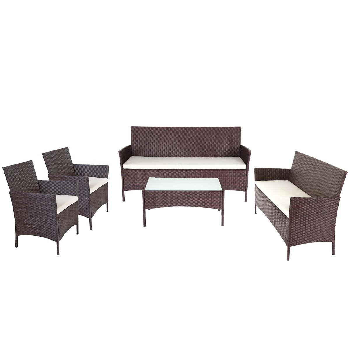 Bild 1 von 3-2-1-1 Poly-Rattan Garten-Garnitur Hamar, Lounge-Set Sitzgruppe Sofa ~ braun-meliert, Kissen creme