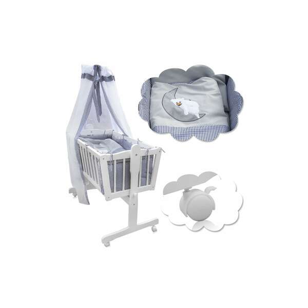 Bild 1 von Baby Wiege Kinder Bett Stubenwagen Beistellbett + 9 tlg. Zubehör Weiß Grau