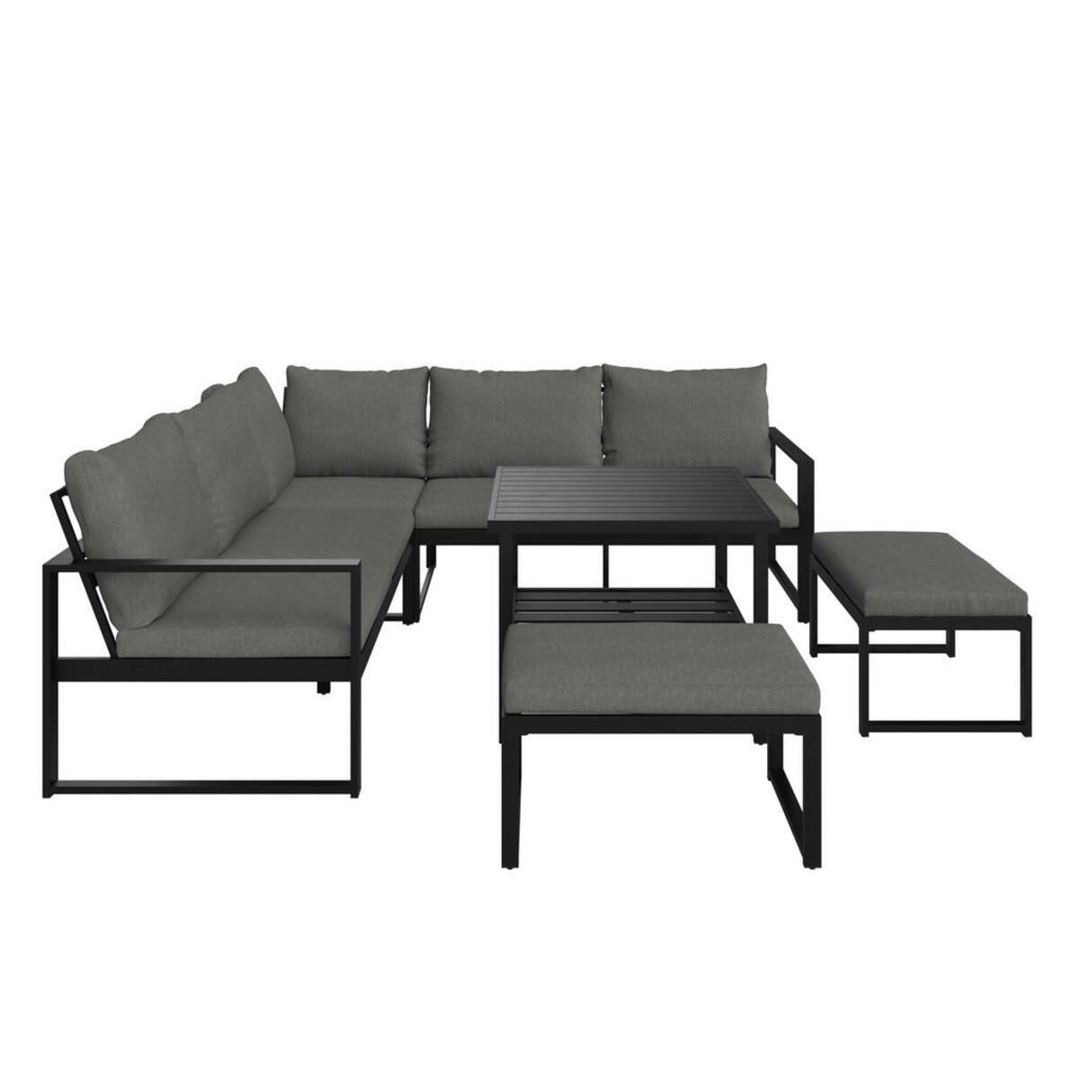 Bild 1 von Ambia Garden Dining-Loungeset, Grau, Schwarz, Metall, 4-teilig, Füllung: Baumwollfüllung, Vlies, Komfortschaum,Faserbällchen, Vlies, L-Form, 235x235 cm, Loungemöbel, Loungemöbel-Sets
