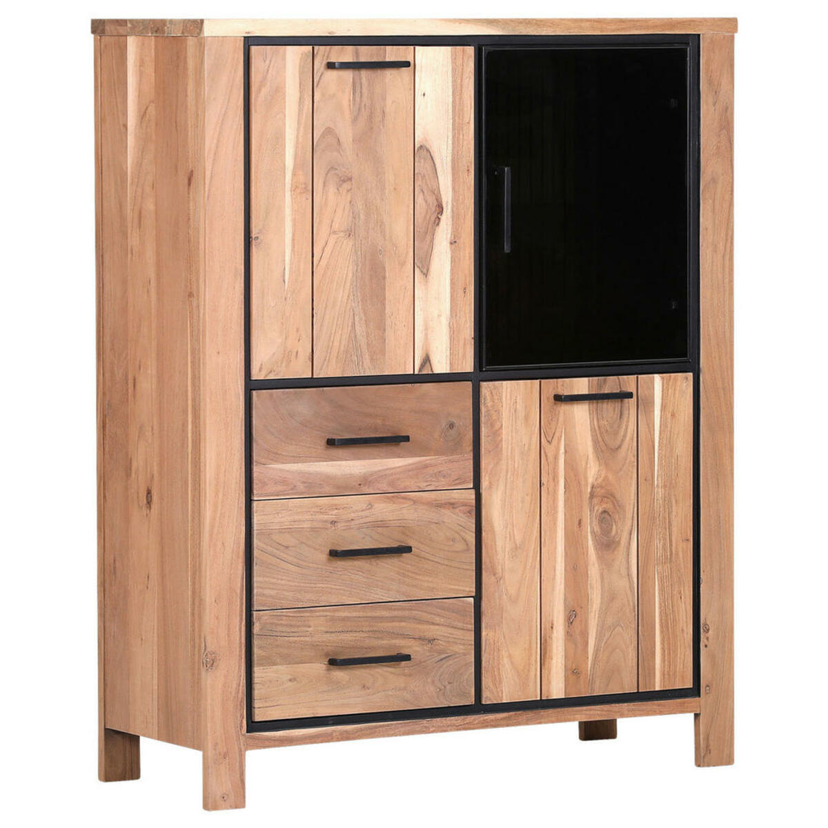 Bild 1 von Landscape Highboard, Natur, Schwarz, Holz, Glas, Akazie, massiv, 3 Fächer, 3 Schubladen, 110x136x44 cm, Beimöbel erhältlich, stehend, Wohnzimmer, Kommoden & Sideboards, Highboards