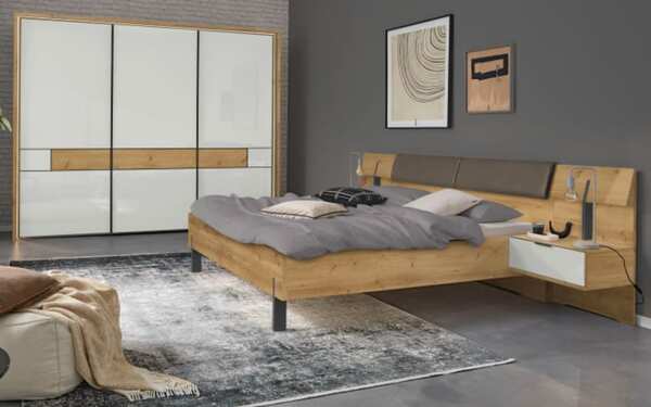 Bild 1 von Schlafzimmer Sala 2.0, Bianco-Eiche/Glas weiß, 180 x 200 cm, Schrank 300 x 216 cm