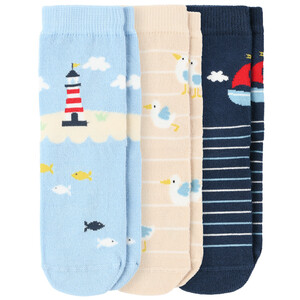 3 Paar Baby Socken mit Meer-Motiven HELLBLAU / DUNKELBLAU / BEIGE