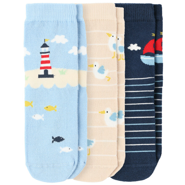 Bild 1 von 3 Paar Baby Socken mit Meer-Motiven HELLBLAU / DUNKELBLAU / BEIGE