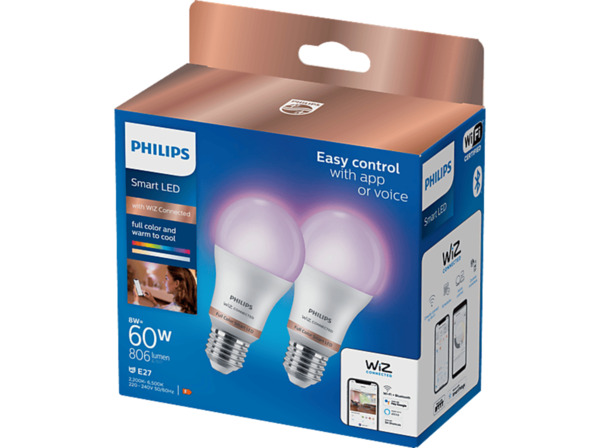 Bild 1 von PHILIPS Standardform Tunable White & Color Doppelpack 60W LED Lampe 16 Mio. Farben, Weiß