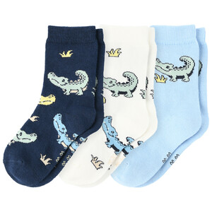 3 Paar Baby Socken mit Krokodil-Motiven WEISS / HELLBLAU / DUNKELBLAU