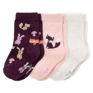 3 Paar Baby Socken mit Waldtier-Motiven DUNKELLILA / ROSA / BEIGE