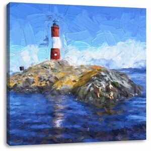 Leinwandbild Leuchtturm mit Robben auf kleiner Insel im Meer