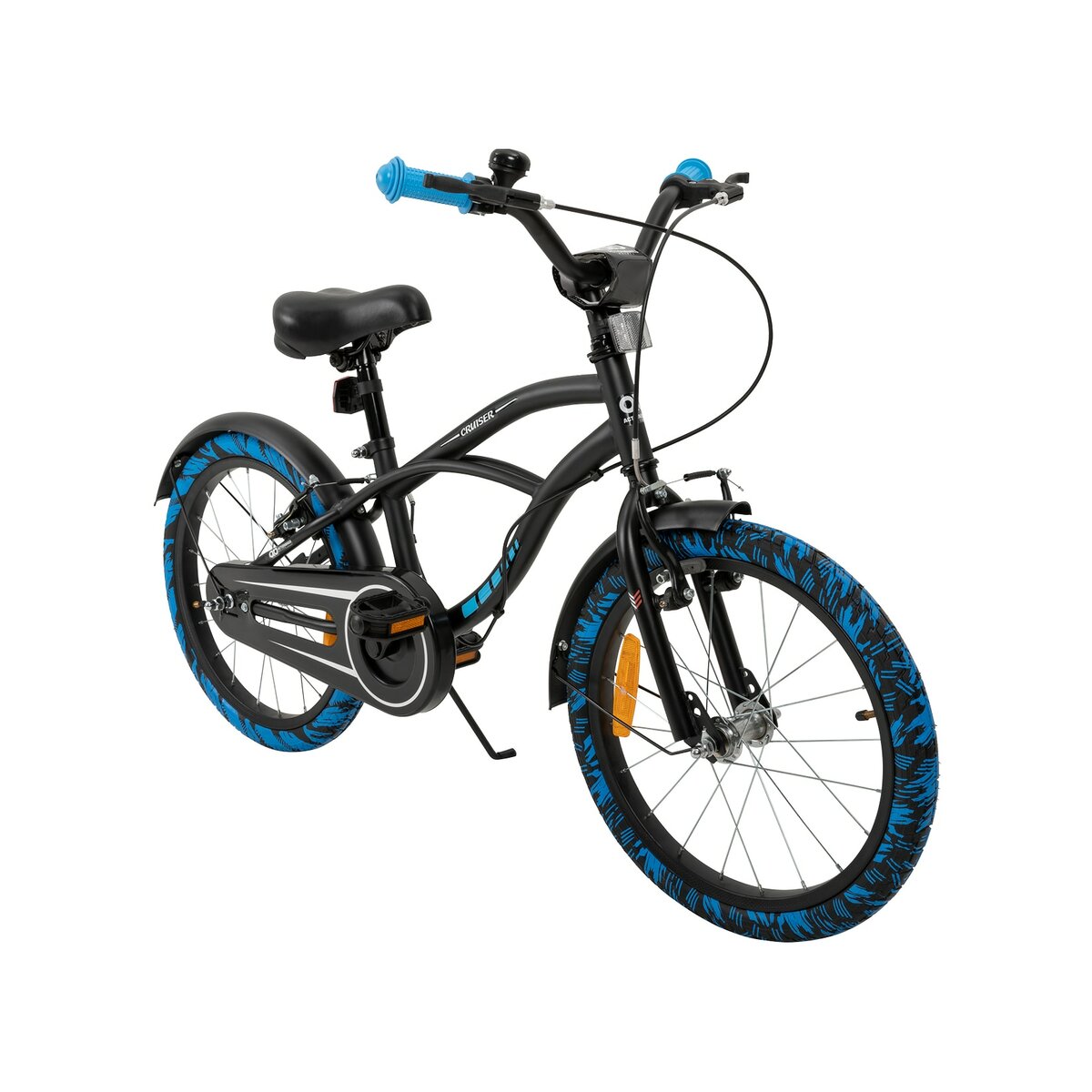 Bild 1 von Actionbikes Kinderfahrrad Cruiser 18 Zoll, schwarz, Fahrradständer, Antirutschgriffe, Lenkerschutz (Schwarz/Blau)