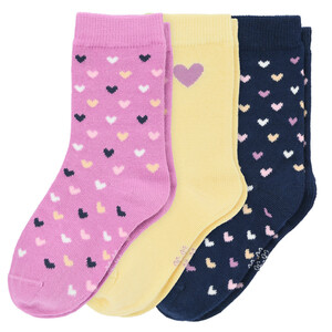 3 Paar Baby Socken mit Herzen DUNKELBLAU / HELLGELB / HELLLILA