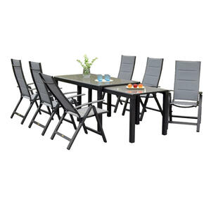 Gardenson Gartenset Florenz, Graphit, Grau, Metall, Glas, Textil, 7-teilig, Tisch ausziehbar, Stuhl klappbar, Balkonmöbel, Balkonmöbel-Sets