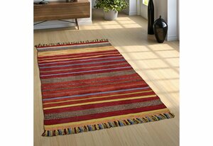 Teppich Kilim 213, Paco Home, rechteckig, Höhe: 12 mm, handgewebter Wendeteppich, reine Baumwolle, gestreift, Wohnzimmer, Braun