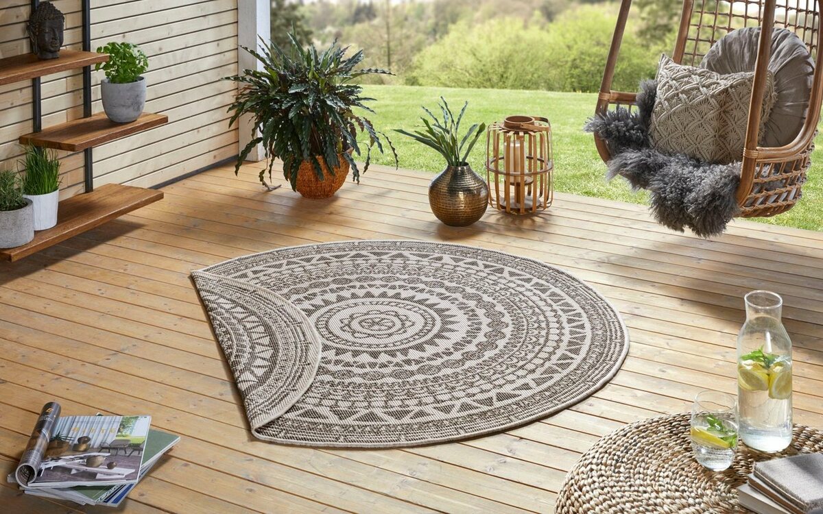 Bild 1 von Teppich Coron, NORTHRUGS, rund, Höhe: 5 mm, In-& Outdoor, Wetterfest, Balkon, Garten, Wohnzimmer, Wasserfest, Beige|grau