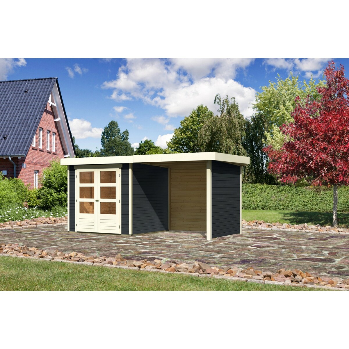 Bild 1 von Karibu Gartenhaus/Gerätehaus Boras 2 Anthrazit 433 x 217 cm mit Anbaudach+Seiten- Rückwand
