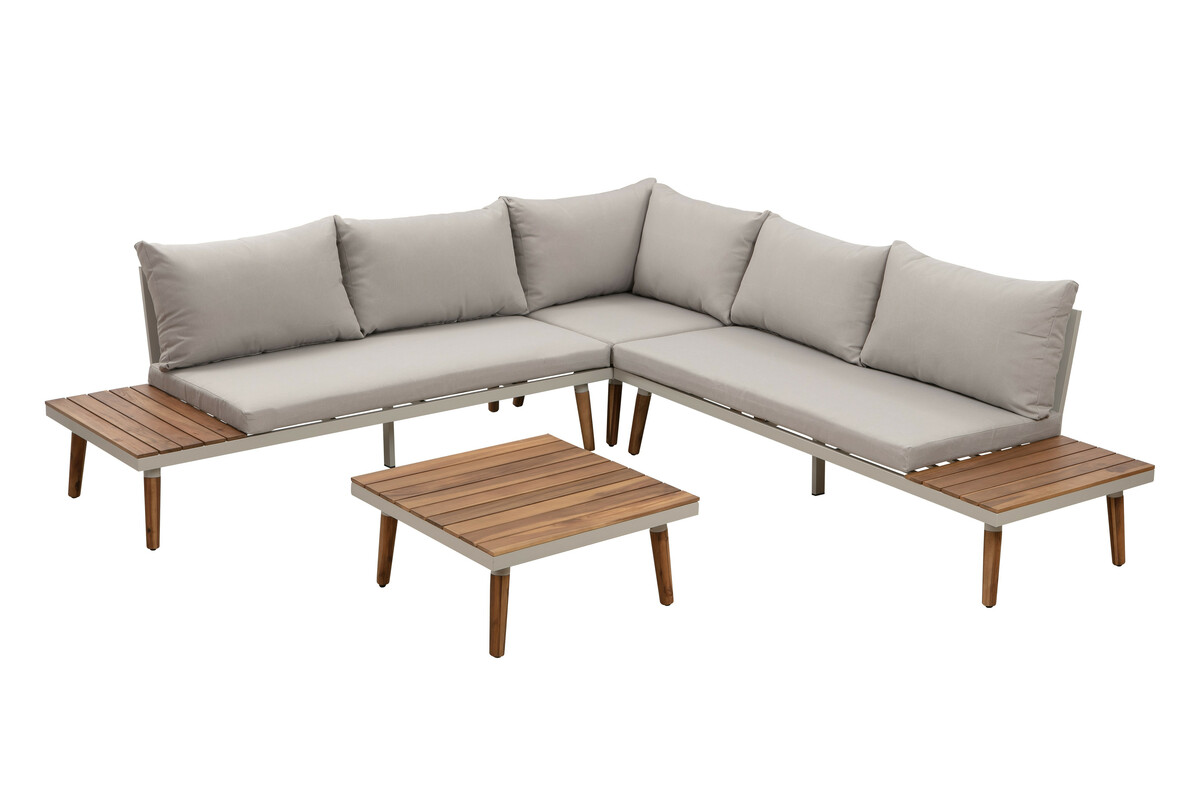 Bild 1 von HC Garten & Freizeit 4tlg. Aluminium Ecklounge mit Tisch, Akazienholz - grau