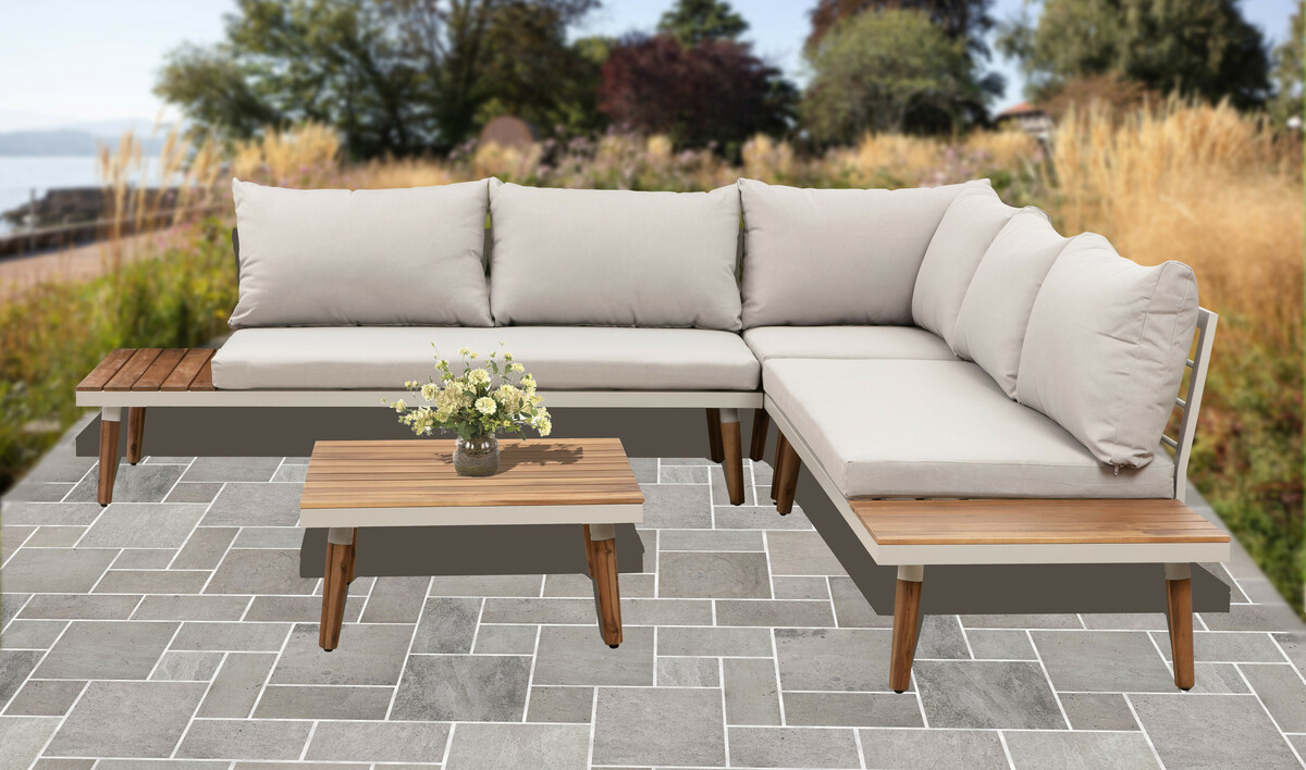 Bild 2 von HC Garten & Freizeit 4tlg. Aluminium Ecklounge mit Tisch, Akazienholz - grau