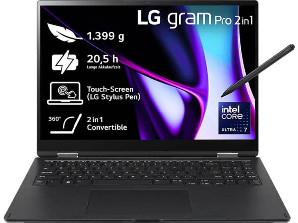 Bild 1 von LG gram Pro 2in1 16T90SP-K.AA78G, Notebook, mit 16 Zoll Display Touchscreen, Intel® Core™ Ultra 7 155H Prozessor, GB RAM, 1 TB SSD, Arc® GPU, Schwarz, Windows 11 Home (64 Bit), Schwarz