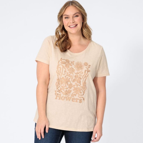 Bild 1 von Damen-T-Shirt mit glitzerndem Frontaufdruck, große Größen, Beige