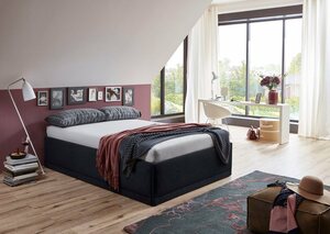 Westfalia Schlafkomfort Polsterbett Texel, Standardhöhe mit Zierkissen, Bettkasten bei Ausführung mit Matratze, Schwarz