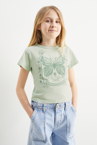 C&A Schmetterling-Kurzarmshirt mit Strasssteinen, Grün, Größe: 128