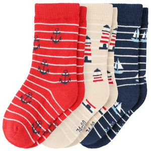 3 Paar Baby Socken mit See-Muster ROT / BEIGE / DUNKELBLAU