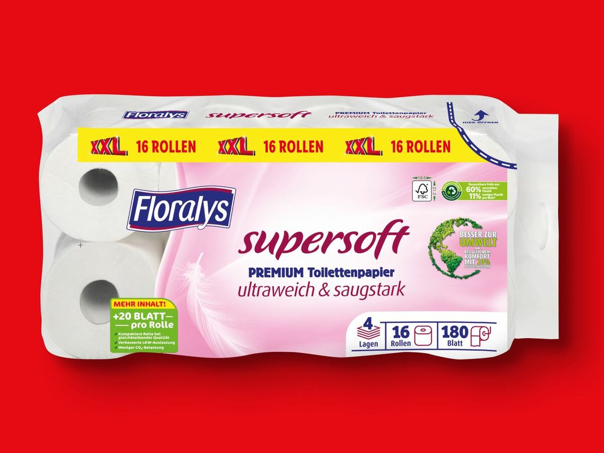 Bild 1 von Floralys Supersoft Premium Toilettenpapier XXL, 
         16x 180 Blatt