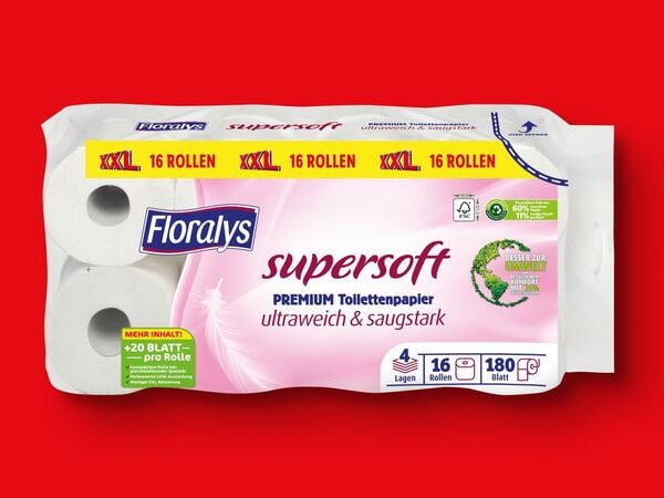 Bild 1 von Floralys Supersoft Premium Toilettenpapier XXL, 
         16x 180 Blatt