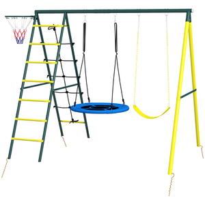 Outsunny Kinderschaukel-Set, 4 in 1 Schaukelgerüst Schaukelgestell mit 2 Schaukeln, Basketballkorb, Kletterleiter, Gartenschaukel für 3-8 Jahre Kinder, Stahl, Gelb