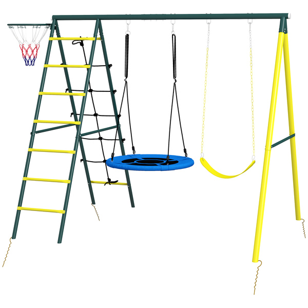 Bild 1 von Outsunny Kinderschaukel-Set, 4 in 1 Schaukelgerüst Schaukelgestell mit 2 Schaukeln, Basketballkorb, Kletterleiter, Gartenschaukel für 3-8 Jahre Kinder, Stahl, Gelb