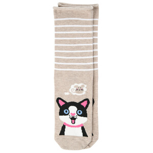 1 Paar Damen Socken mit Katzen-Motiv BEIGE